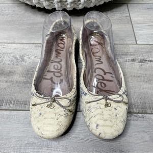 Sam Edelman Felicia Snake Slip On Bow Leather Ballet Flats Cream Grey Size 8.5M